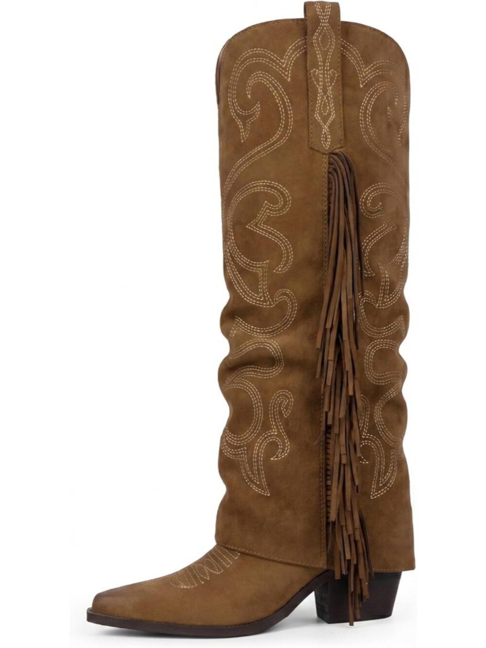 Women's Brown Cowgirl Pointy Toe Chunky Block Western Embroidery High Heel Boots